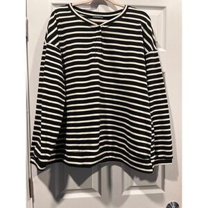 Ofeefan Black White Striped Henley Long Sleeve Top XXL Casual Pullover